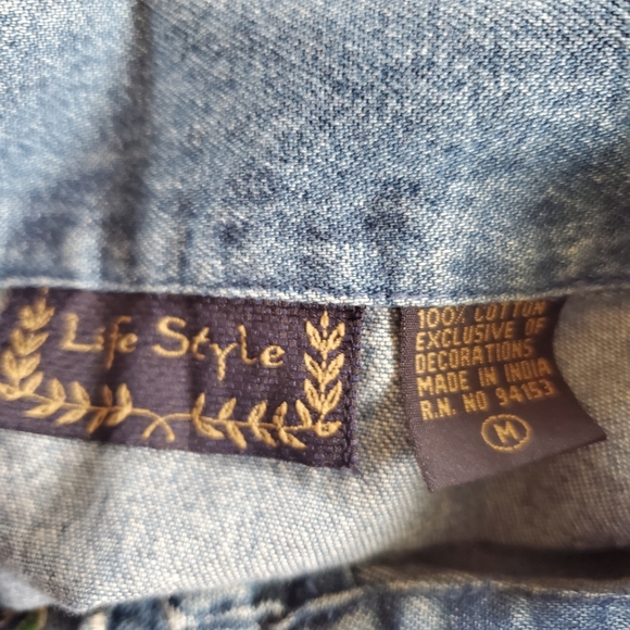 Aztec Southwestern Tribal Boho Embroidered Denim Jean Jacket - Picture 9 of 11